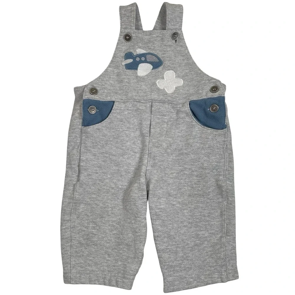 Vintage Buster Brown Airplane Overalls Boys 12M Gray Blue Knit Embroidered Plane